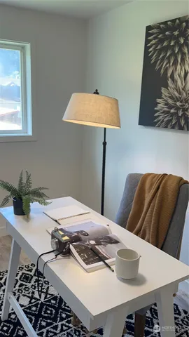 a garden view with a seating space