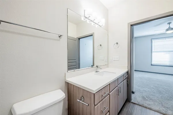 a bathroom with a sink a toilet and vanity
