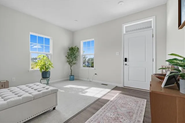 a bedroom with a bed and a potted plant