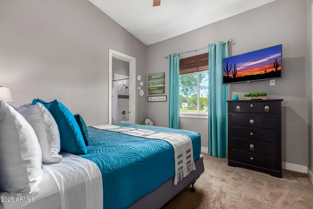 a bedroom with a bed and a flat screen tv