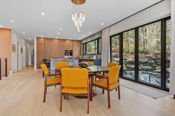a view of a dining room with furniture window and outside view