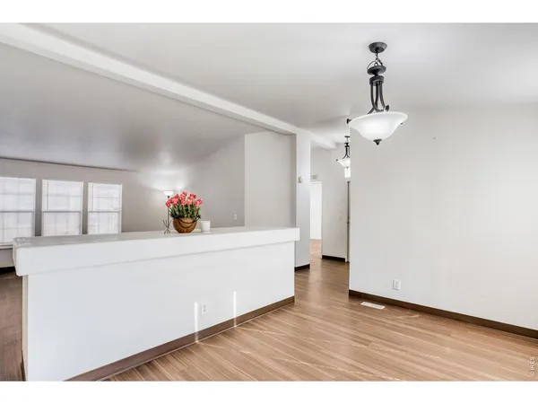 a hallway with a potted plant on the counter and a mirror