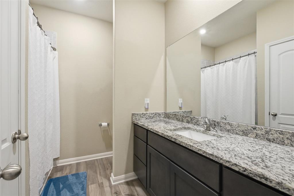 292 Wandering Stream Way Princeton, TX 75407 - Photo 23 of 40 Bathroom with curtained shower, vanity, light wood-style flooring, and recessed lighting