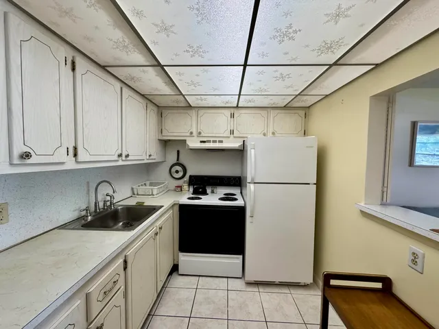 a kitchen with a sink a refrigerator and cabinets