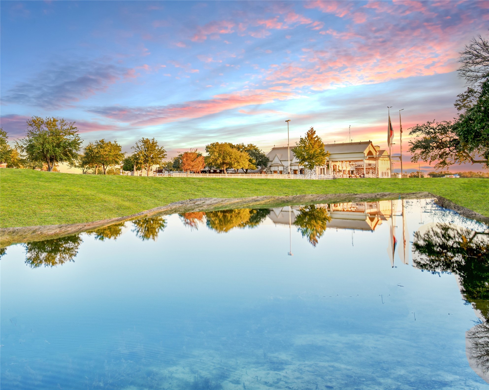 a view of a lake with a city