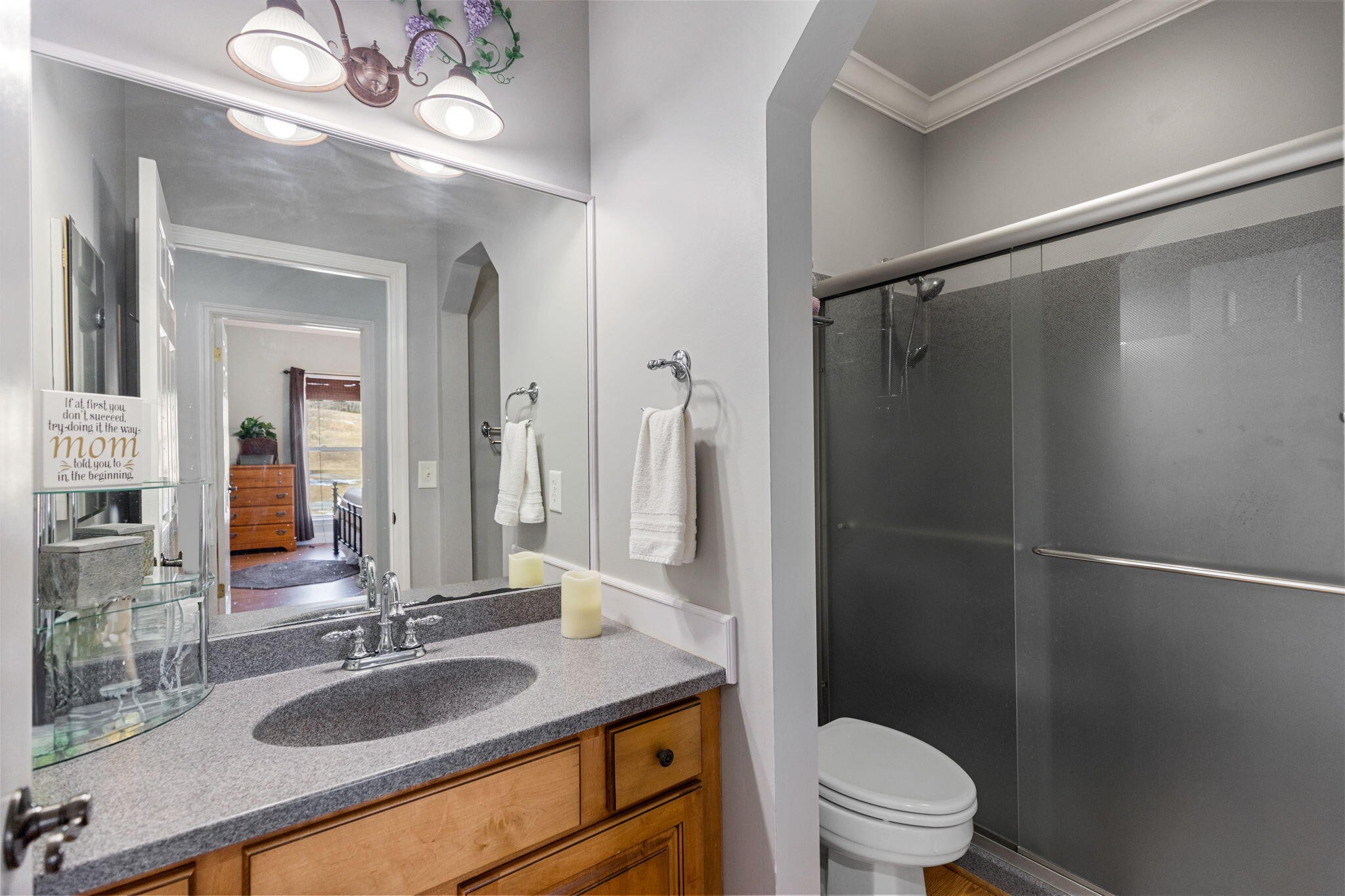 759 Pinhook Road Calhoun, TN 37309 - Photo 22 of 70 a bathroom with a granite countertop sink toilet a mirror and shower