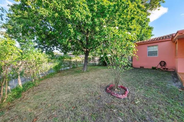 a view of a backyard with large trees