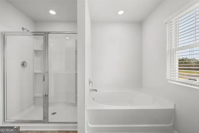 a bathroom with a bathtub and a shower
