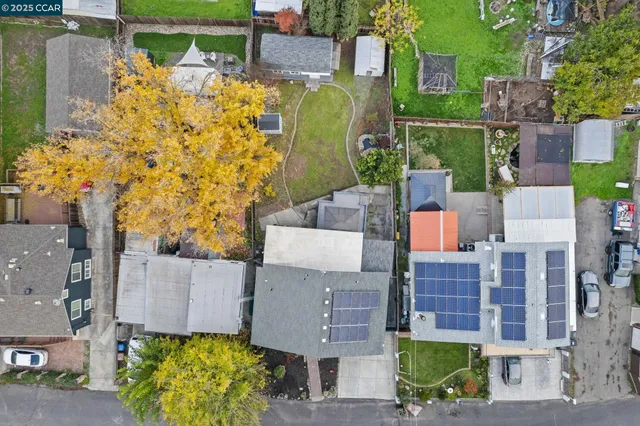 aerial view of a house with a garden and plants