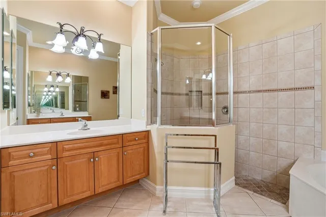 a bathroom with a sink a large mirror and a shower