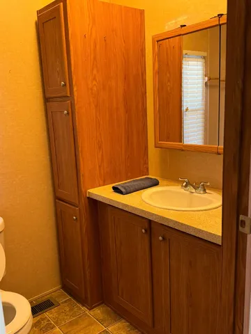 a bathroom with a sink and a mirror