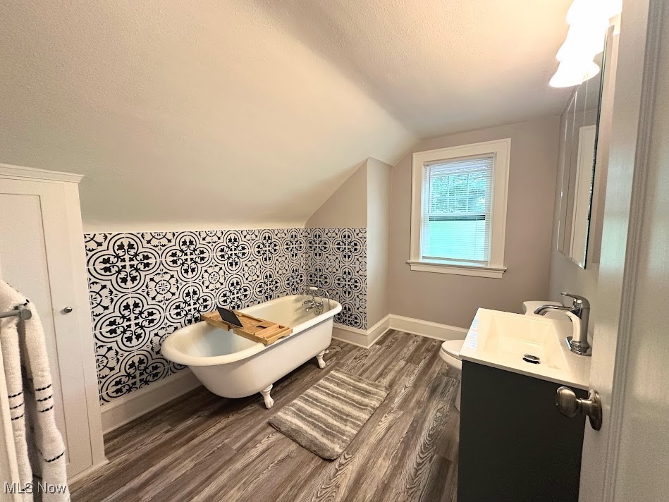 3190 Warrington Road Cleveland, OH 44120 - Photo 4 of 21 Full bathroom featuring vanity, a freestanding tub, dark wood-type flooring, a textured ceiling, and vaulted ceiling