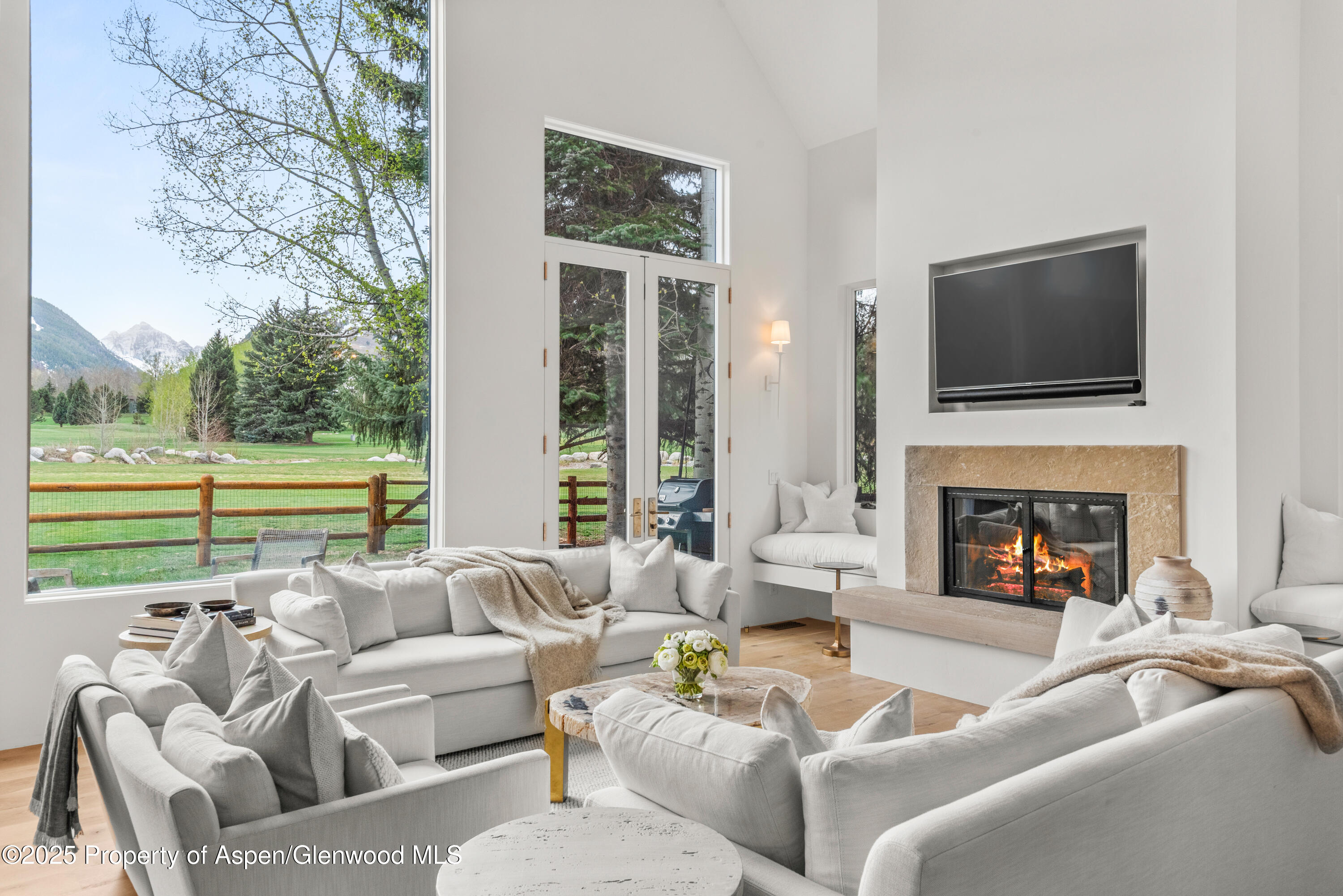 1495 Homestake Drive, Unit 2 Aspen, CO 81611 - Photo 21 of 42 a living room with furniture a fireplace and a flat screen tv