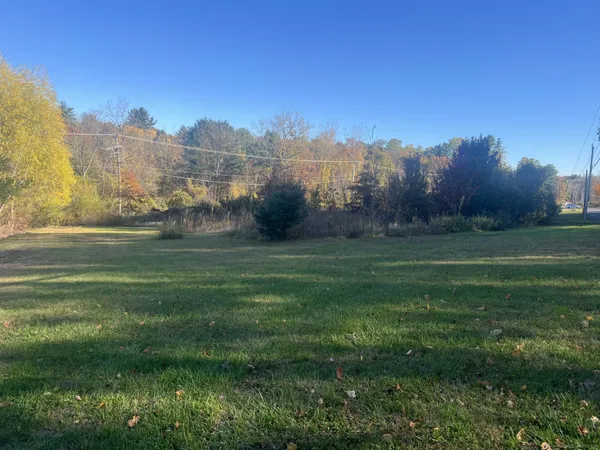 a grassy field with trees in the background