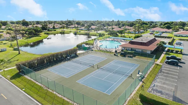 a view of a lake with a patio