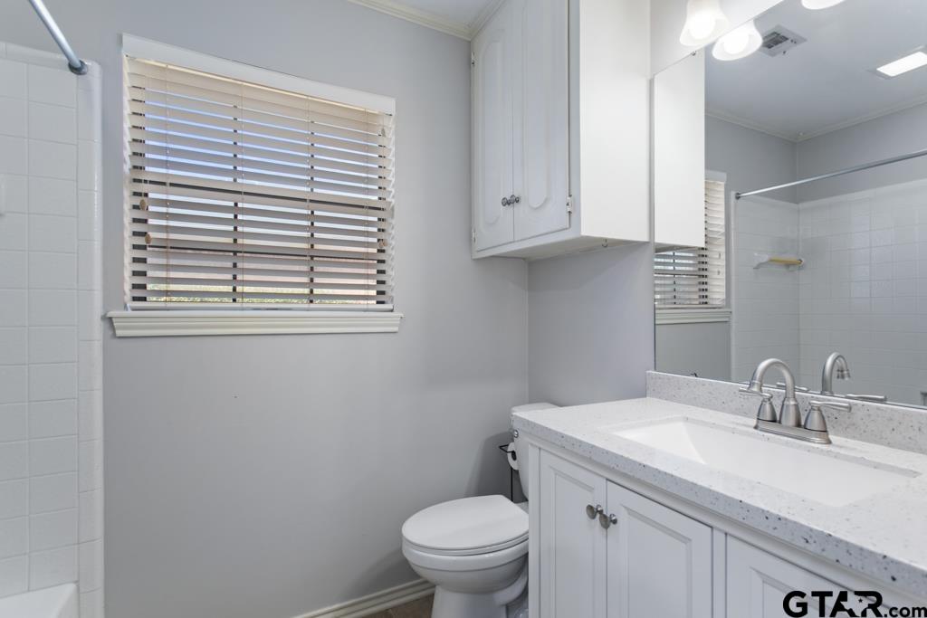 6005 Raleigh Drive Tyler, TX 75703 - Photo 26 of 35 a bathroom with a granite countertop toilet a sink and a window