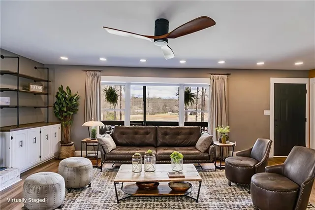 a view of kitchen with wooden floor