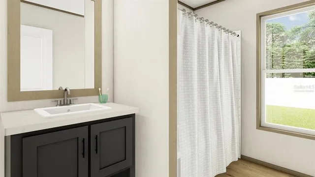 a bathroom with a sink and a mirror