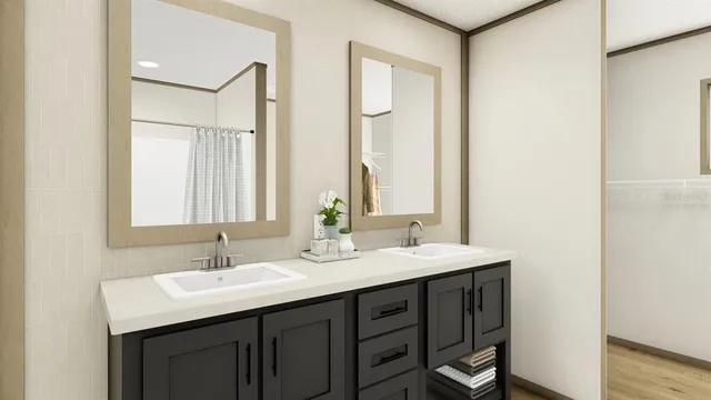 a bathroom with a double vanity sink and a mirror