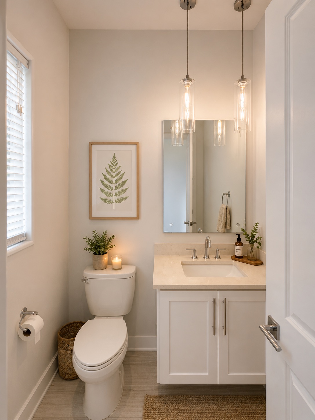 1719 Bunche Road Austin, TX 78721 - Photo 19 of 22 Elegant powder room features a white vanity with polished chrome fixtures and delicate pendant lighting.