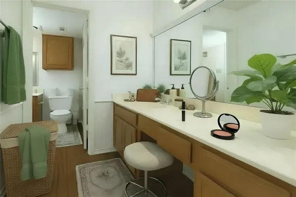 a bathroom with a sink mirror and toilet