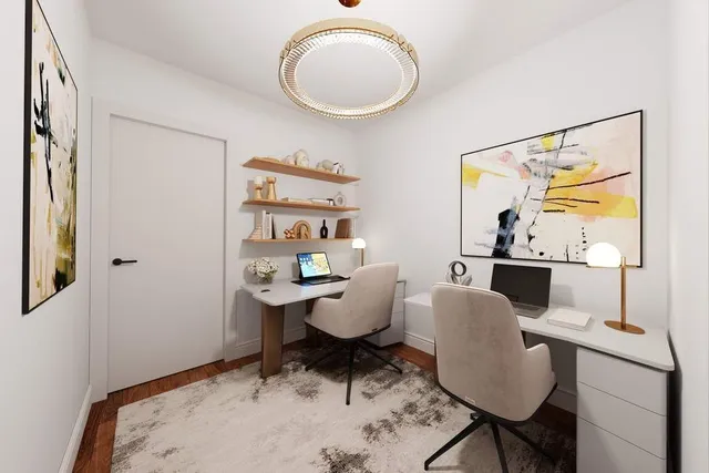 a view of a dining room with furniture