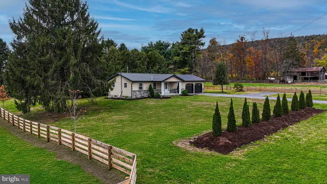 a view of a house with garden and sitting area