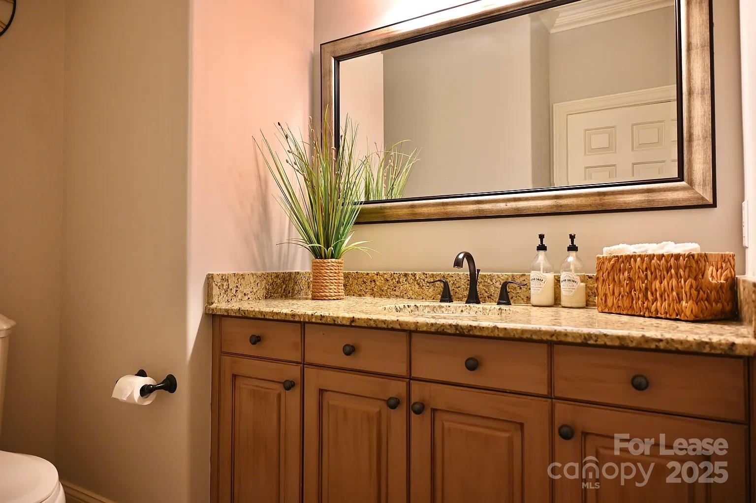 17234 Jetton Road Cornelius, NC 28031 - Photo 18 of 32 a bathroom with a granite countertop sink and a mirror