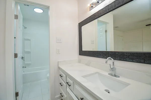 a bathroom with a bathtub shower sink vanity and mirror