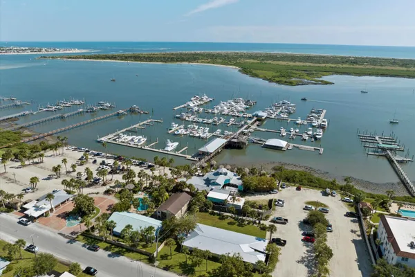 an aerial view of residential houses with outdoor space and trees