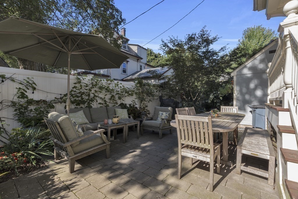 23 Eliot Street, Unit 1 Boston, MA 02130 - Photo 17 of 39 a view of a patio with a table and chairs under an umbrella