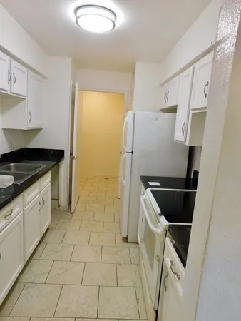 a kitchen with a refrigerator sink and cabinets
