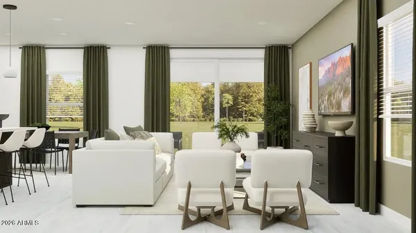 a view of a dining room with furniture and window
