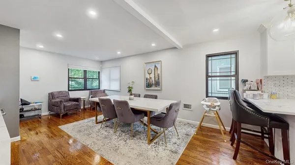 a view of a dining room with furniture
