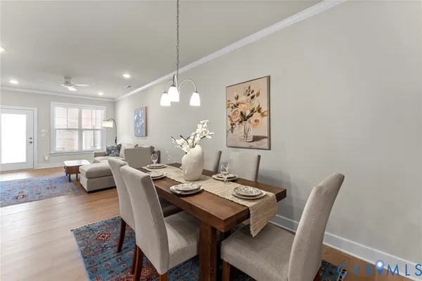 a view of a dining room with furniture