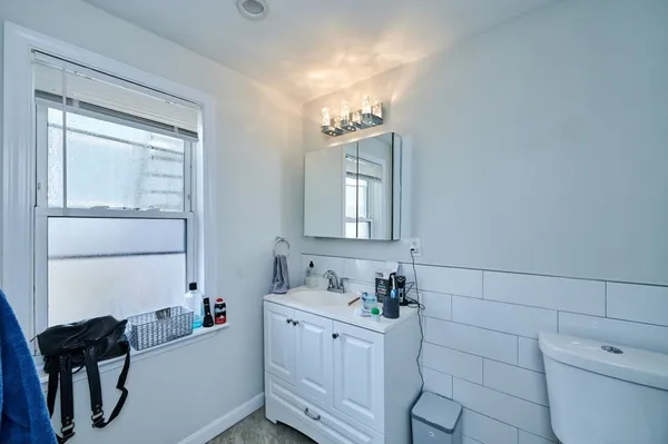 a bathroom with a sink vanity and toilet