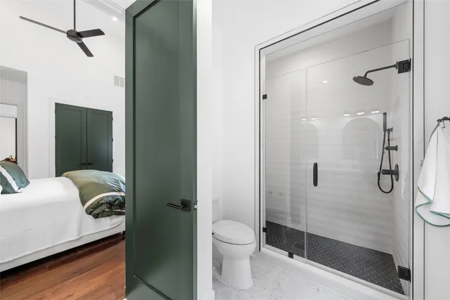 a bathroom with a shower and a toilet
