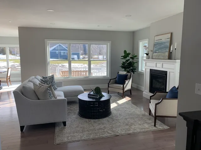 a living room with furniture a fireplace and a potted plant