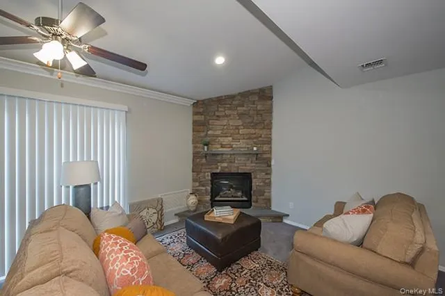 a living room with furniture and a fireplace