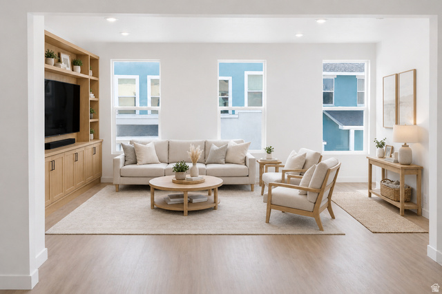 11014 South Lake Run Road, Unit 146 South Jordan, UT 84009 - Photo 6 of 22 Bright living area featuring light wood-finish flooring and multiple recessed ceiling lights