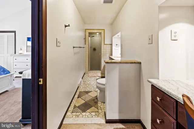 a bathroom with a granite countertop sink shower and a mirror