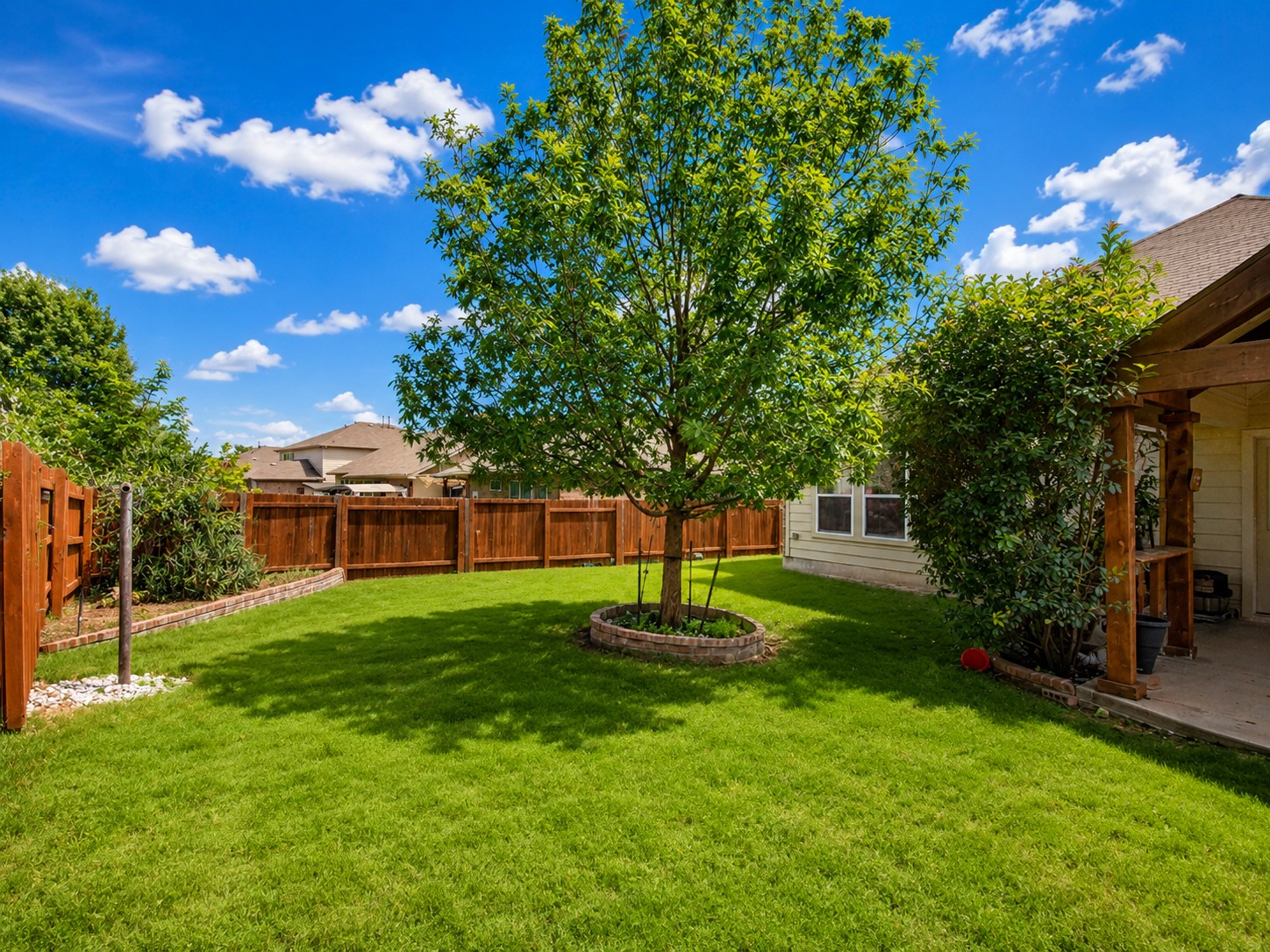 349 Razzmatazz Trail Buda, TX 78610 - Photo 28 of 31 Green lawn and mature landscaping define this inviting backyard space, perfect for outdoor enjoyment.
