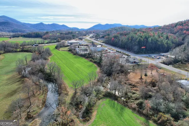 a view of a lush green field with mountains in the background
