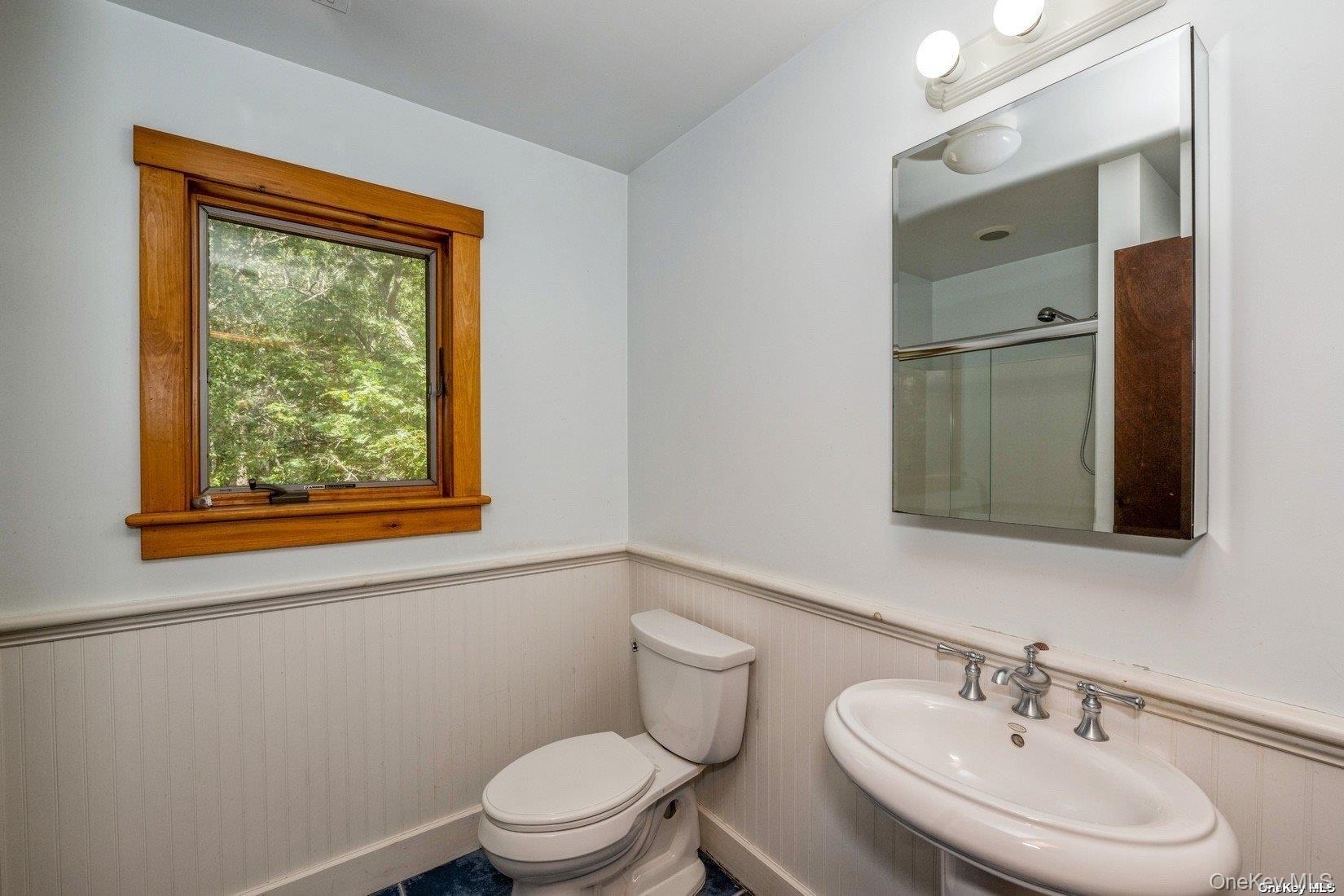 292 Little Fresh Pond Road Southampton, NY 11968 - Photo 28 of 46 a bathroom with a toilet a sink a window and mirror