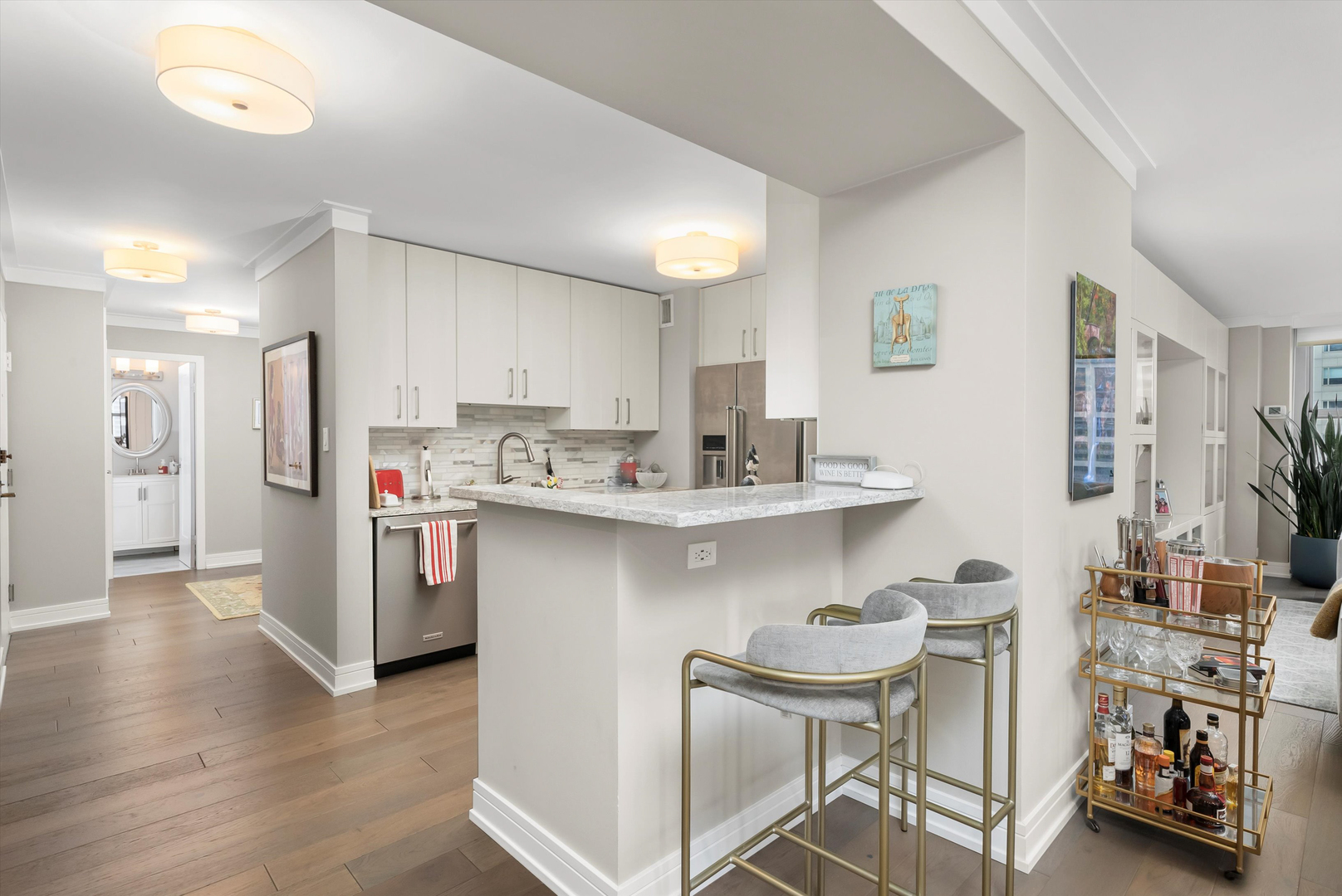 777 North Michigan Avenue, Unit 1601 Chicago, IL 60611 - Photo 2 of 44 a kitchen with stainless steel appliances granite countertop a sink and a refrigerator