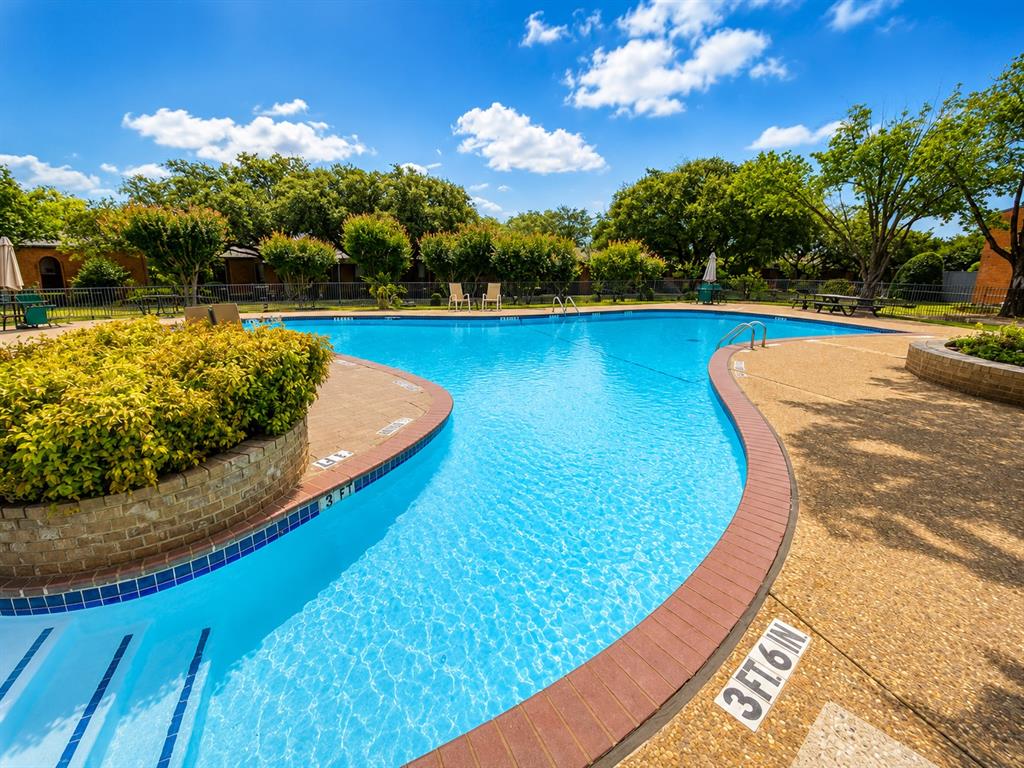 3206 South Fielder Road, Unit 107 Arlington, TX 76015 - Photo 2 of 4 Expansive swimming pool featuring a curved design, integrated steps, and surrounding pebble-aggregate decking