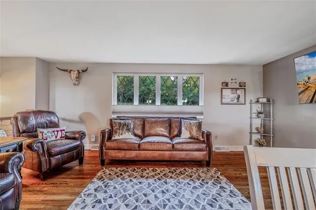 a living room with furniture and a rug