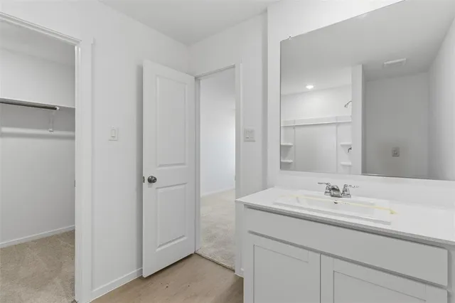 a bathroom with a sink shower and a mirror