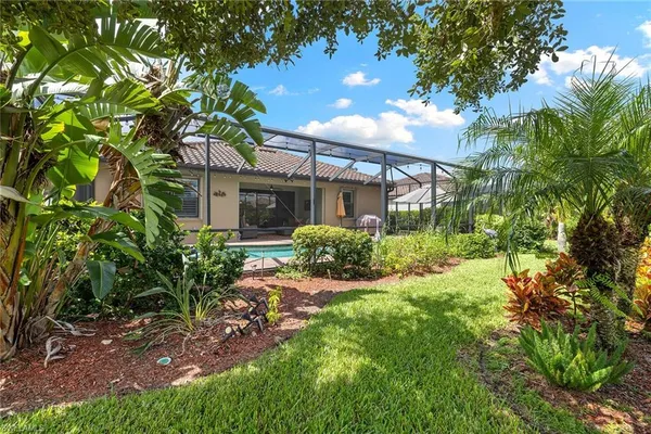 a view of backyard with plants and a patio