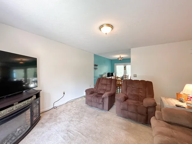 a view of living room with furniture and a fireplace